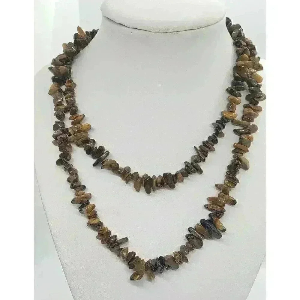 Genuine Tigers Eye Chip Bead Endless Necklace Gemstone Healing Inner Strength